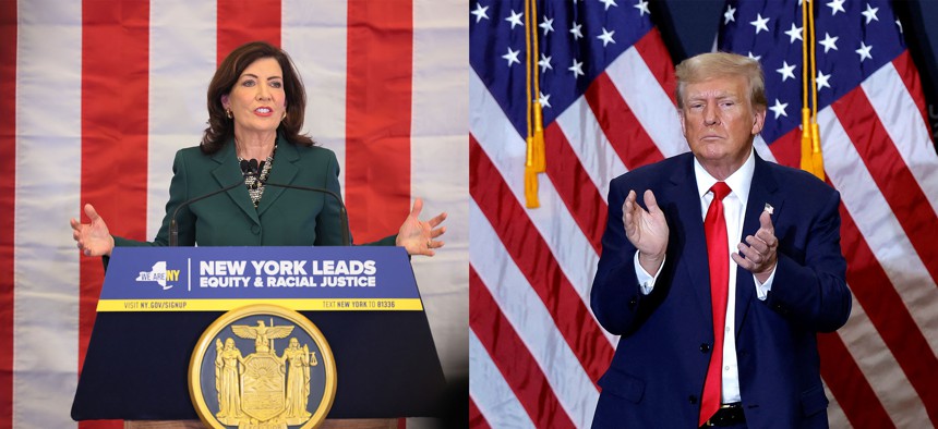 Gov. Kathy Hochul, left, and former President Donald Trump, right