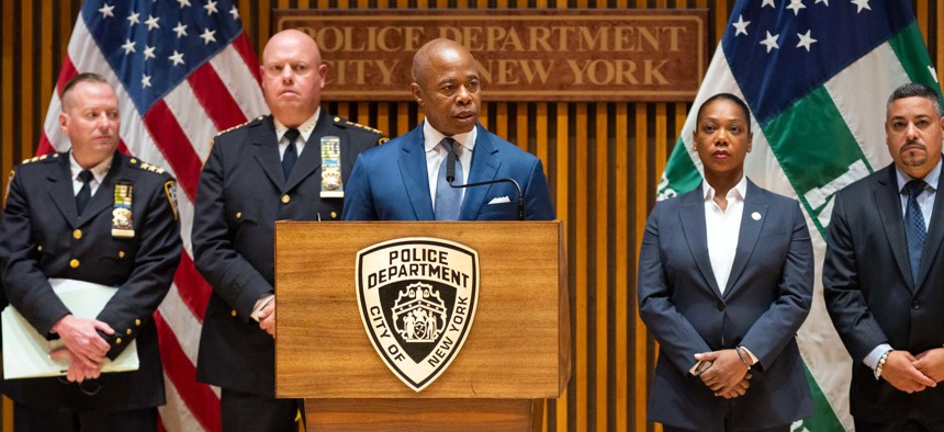 Mayor Eric Adams makes a public safety-related announcement on Aug. 3, 2022.