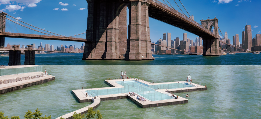 A rendering of a floating pool in the East River.