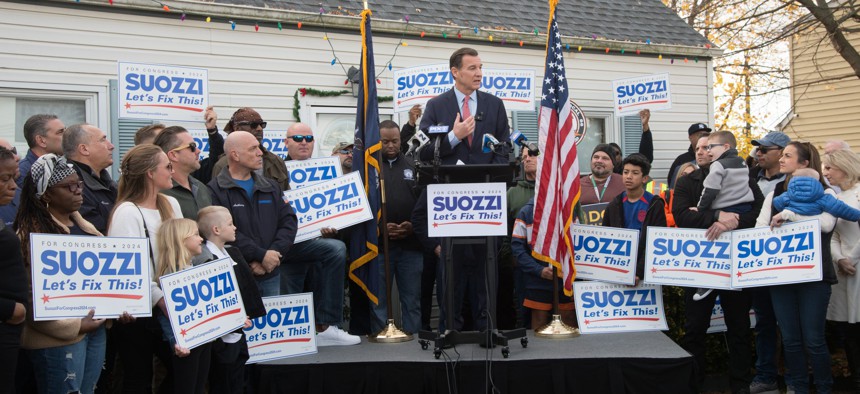 Former Rep. Tom Suozzi speaks to supporters at his campaign launch in Levittown on Dec. 9, 2023.
