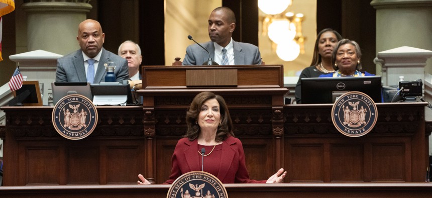 Gov. Kathy Hochul delivers the 2024 State of the State address in the Assembly chamber.