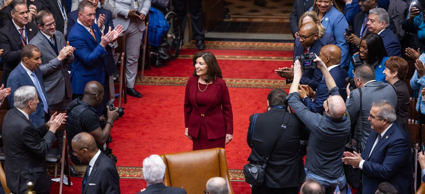 Gov. Kathy Hochul finds herself constrained by national politics this year.