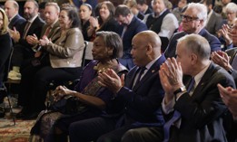 State Senate Majority Leader Andrea Stewart-Cousins, center, and Assembly Speaker Carl Heastie watch Gov. Kathy Hochul’s budget address at the Capitol.