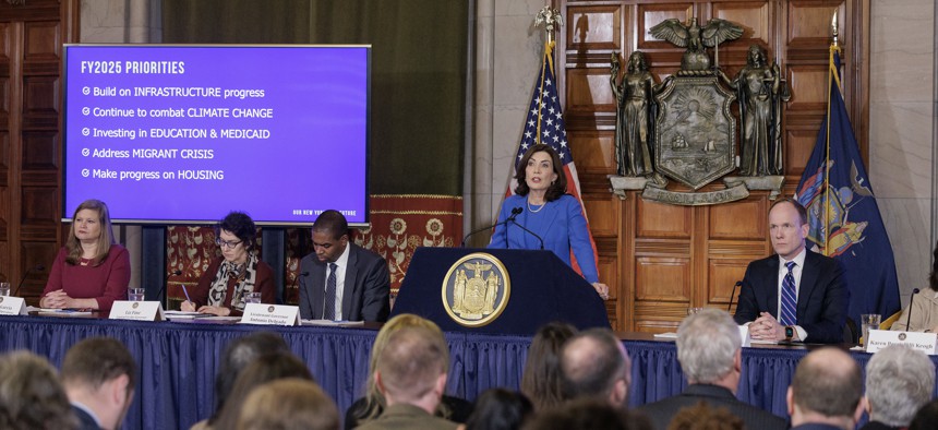 Gov. Kathy Hochul announced $2.4 billion to pay for costs related to the influx of asylum-seekers in New York City.