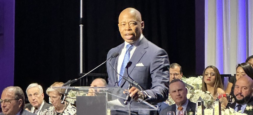 New York City Mayor Eric Adams speaks at the Real Estate Board of New York's 2024 gala at The Glass House in Manhattan on Thursday.