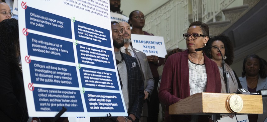 New York City Council Speaker Adrienne Adams Joins interfaith leaders at a rally in support of the How Many Stops Act in the rotunda at City Hall Tuesday