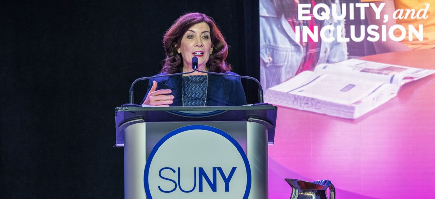 Gov. Kathy Hochul delivers remarks at SUNY Chancellor John King’s State of the University address. 