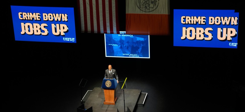 Mayor Eric Adams delivers his 2024 State of the City address at Hostos Community College on Jan. 24, 2024.