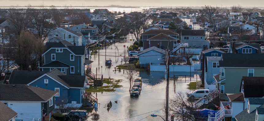 An aerial view down Gordon Street in Freeport, New York, showing the flooding caused by a coastal storm that hit Long Island’s South Shore on Jan. 13, 2024.