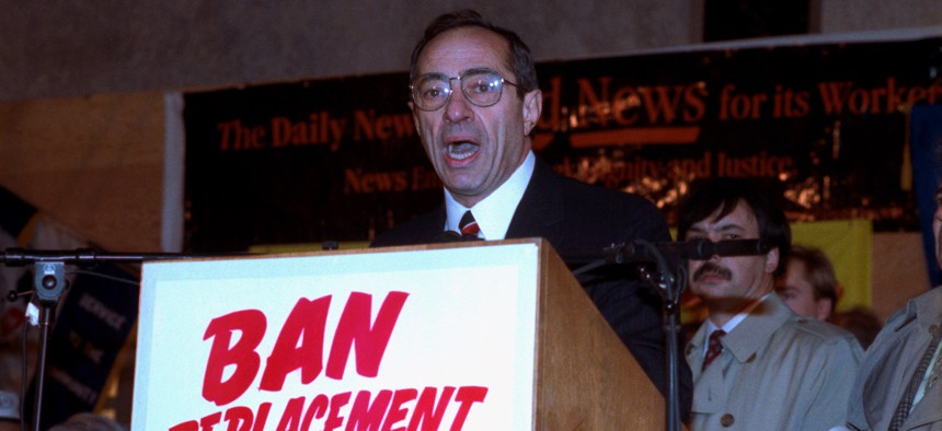 Then-Gov. Mario Cuomo tells thousands of union supporters outside the New York Daily News Building that companies should be barred from using replacement workers during a strike on Dec. 11, 1990.