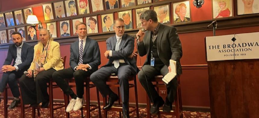 From left to right are seated New York City Council Members Keith Powers, Gale Brewer and Erik Bottcher, Manhattan Borough President Mark Levine and City & State Editor-in-Chief Ralph R. Ortega, during a live interview at the Broadway Association legislative luncheon at Sardi’s in Times Square on Thursday. (Image courtesy of the Broadway Association)