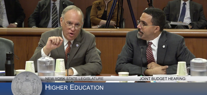 City University of New York Chancellor Félix Matos Rodriguez (left) and State University of New York Chancellor John King testify at a joint budget hearing on Feb. 8, 2024.