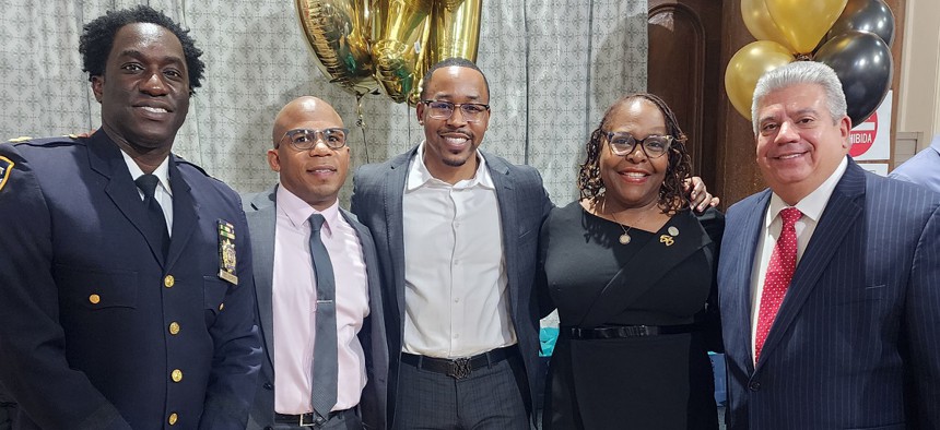 From left to right, New York City Police Department Captain Derby St. Fort;  Dominic J. Dupont, Project Restore mentor/facilitator; Jarrell E. Daniels, project director at Columbia University’s Center for Justice; Assembly Member Stefani L. Zinerman and Brooklyn District Attorney Eric Gonzalez.