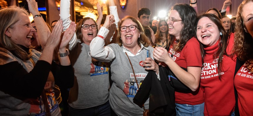 Suozzi supporters celebrate at his election night party in Woodbury.