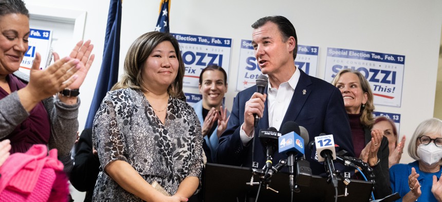 Rep. Grace Meng campaigns with Tom Suozzi in Port Washington.
