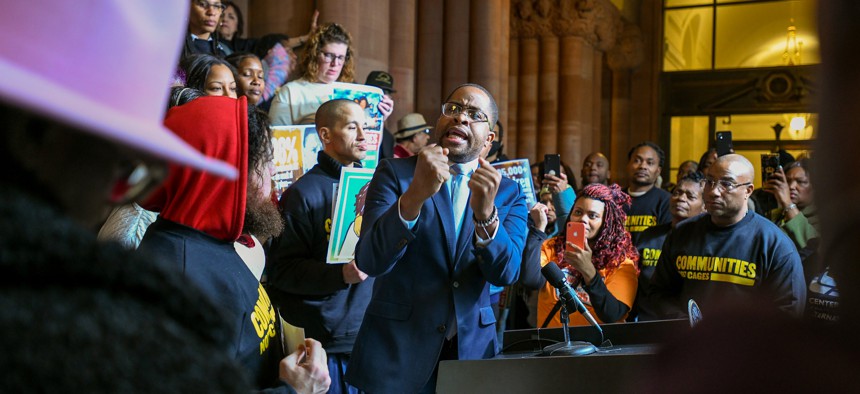 State Sen. Zellnor Y. Myrie speaks at a press conference at the state Capitol in Albany on Jan. 24, 2023.