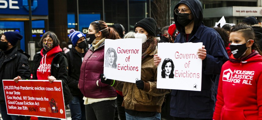 Housing activists gather in Bryant Park to protest Gov. Kathy Hochul on Jan. 14, 2020.