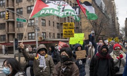 Pro-Palestine protesters block traffic in New York City on Feb. 17, 2023. Assembly Member Stacey Pheffer Amato has introduced a bill that would treat blocking streets as a form of “domestic terrorism.”