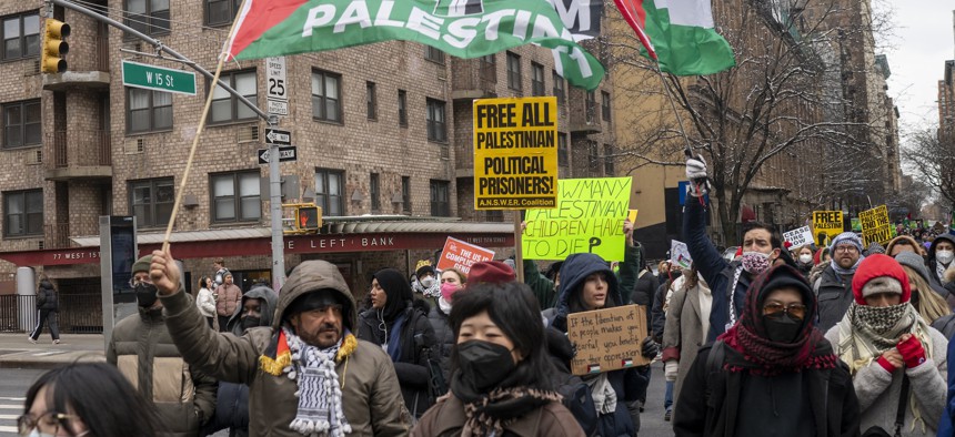 Pro-Palestine protesters block traffic in New York City on Feb. 17, 2023. Assembly Member Stacey Pheffer Amato has introduced a bill that would treat blocking streets as a form of “domestic terrorism.”