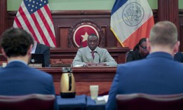 New York City Council Member Yusef Salaam leads an oversight hearing as chair of the Committee on Public Safety at City Hall on Monday