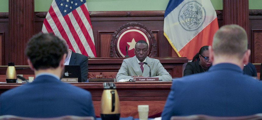 New York City Council Member Yusef Salaam leads an oversight hearing as chair of the Committee on Public Safety at City Hall on Monday