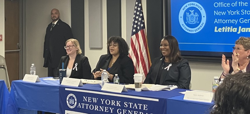 From left, New York State United Teachers Political Director Nicki Richardson, Assembly Member Michaelle Solages and state Attorney General Letitia James.