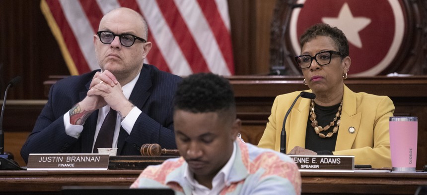 New York City Council Finance Chair Justin Brannan and Speaker Adrienne Adams listen to testimony during the council’s first preliminary budget hearing.