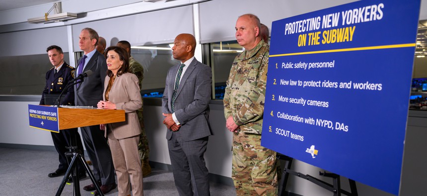 Gov. Kathy Hochul is bolstering the NYPD’s ranks in the subways with National Guard troops and state police.