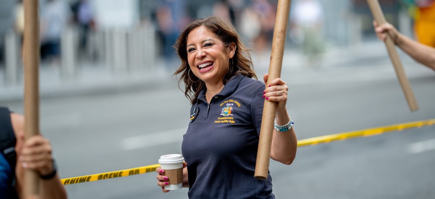 Assembly Member Jessica González-Rojas attends the SAG-AFTRA strike in July. González-Rojas is part of the newly formed Mom Squad.