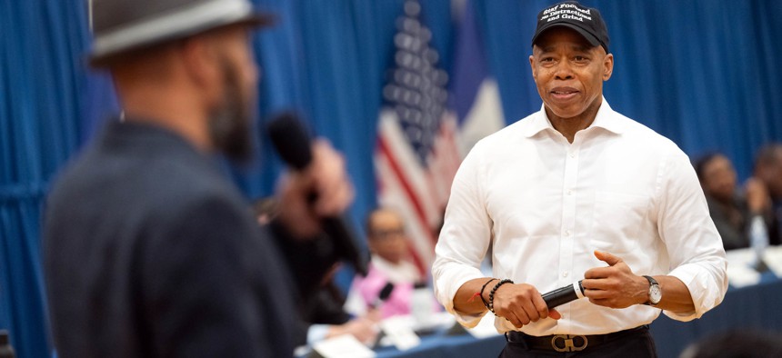 Mayor Eric Adams attends a “Talk with Eric: A Community Conversation” at  Canarsie Educational Campus in Brooklyn on February 26, 2024. 