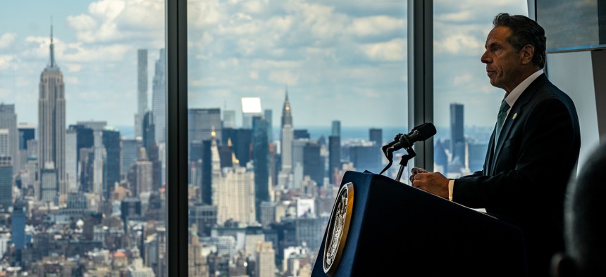 New York Gov. Andrew Cuomo speaks during a press conference at One World Trade Center on June 15, 2021.