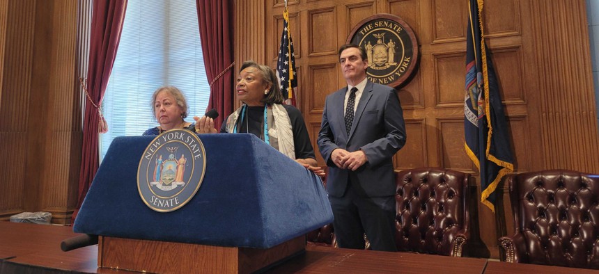 State Senate Majority Leader Andrea Stewart-Cousins, flanked by state Sens. Liz Krueger and Michael Gianaris, held a budget press conference on Tuesday.