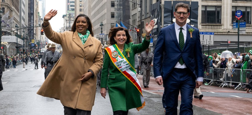 State Attorney General Letitia James, left, and Gov. Kathy Hochul, right, walk in the 2022 St. Patrick’s Day parade in Manhattan.