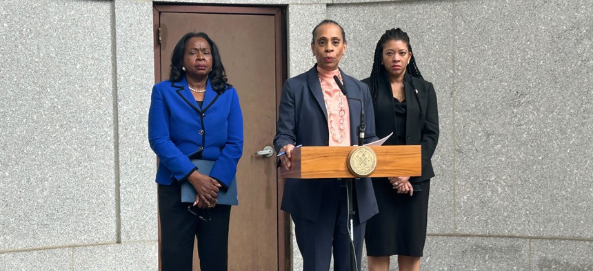 Deputy Mayor Anne Williams-Isom, Chief of Staff Camille Joseph Varlack and Corporation Counsel Sylvia Hinds-Radix announce a new settlement in the right to shelter case at the New York State Supreme Court Building in Lower Manhattan.