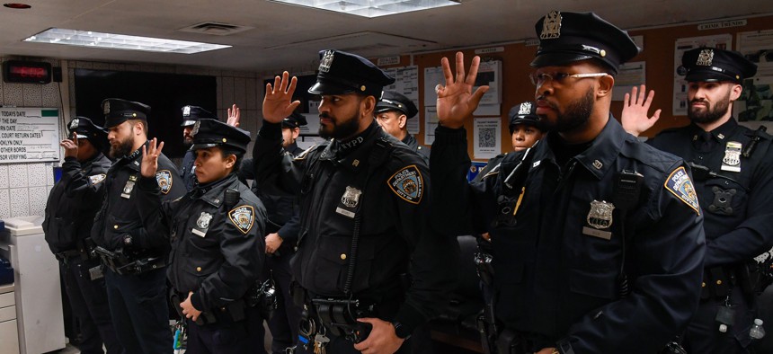 Officers at a day tour roll call at Transit District 30 on Friday, Mar 15, 2024, the morning after a shooting aboard an A train at Hoyt-Schermerhorn Sts.