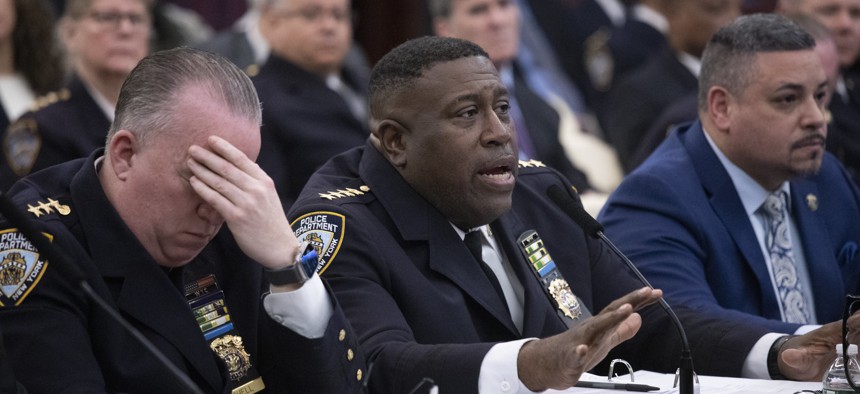NYPD Chief of Patrol John Chell, Chief of Department Jeffrey Maddrey and Commissioner Eddie Caban testify at a City Council preliminary budget hearing on March 20, 2024.