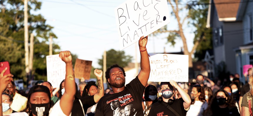 Marchers calling for justice over the death of Daniel Prude on September 03, 2020 in Rochester, New York.