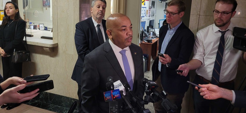 Assembly Speaker Carl Heastie speaks with reporters Tuesday.