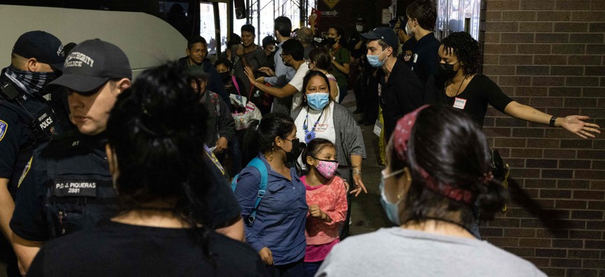 A bus carrying migrants from Texas arrives at the Port Authority Bus Terminal on August 10, 2022 in New York.