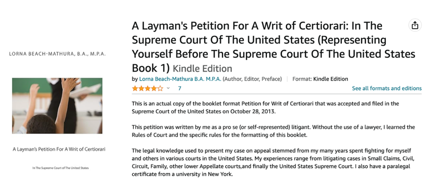 Lorna Beach-Mathura’s self-published book, available on Amazon, consists largely of a reprint of a petition that she filed to the Supreme Court.