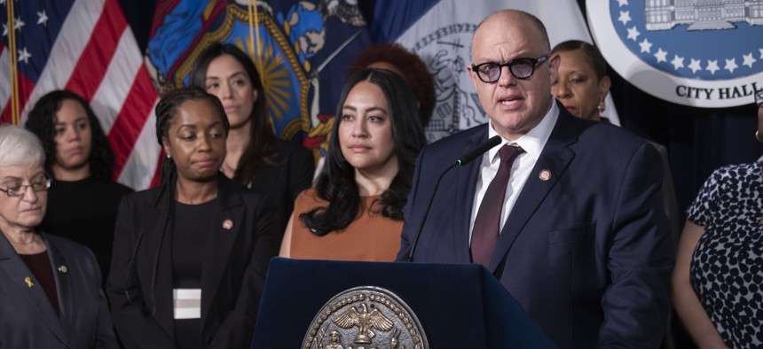New York City Council Finance Committee Chair Justin Brannan speaks at the unveiling of the council’s preliminary budget response for fiscal year 2025