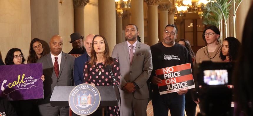 New York State Sen. Julia Salazar, sponsor of the End Predatory Court Fees Act with Assembly Member Kenny Burgos, speaks at a press conference calling for the passage of a package of criminal justice reform bills on Tuesday at the state Capitol in Albany. 