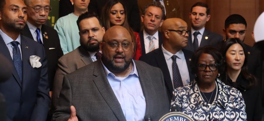 Damien Cornwell, president of the Cannabis Association of New York, speaks at a rally in the state Capitol in support of legislation targeting businesses caught illegally selling weed products.