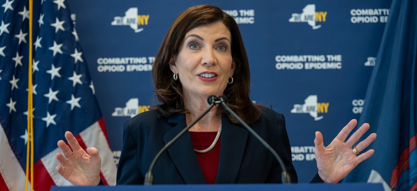 Gov. Kathy Hochul announces New York’s first payment of opioid settlement agreements on Oct. 23, 2023.