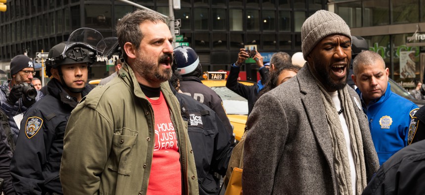 New York City Public Advocate is arrested alongside tenant advocates while blocking the entrance to the headquarters of the Real Estate Board of New York in Manhattan on April 4, 2024.