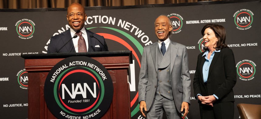 New York City Mayor Eric Adams, the Rev. Al Sharpton and Gov. Kathy Hochul each spoke at the kickoff to the National Action Network’s annual convention.