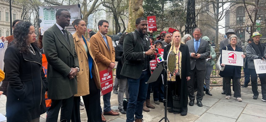 New York City Public Advocate Jumaane Williams speaks at a rally in support of good cause eviction on April 11, 2024.