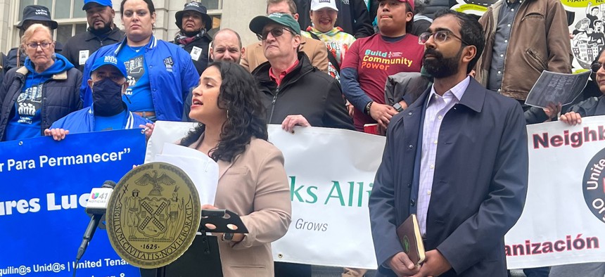 Housing and tenant advocates joined City Council Members Jennifer Gutiérrez and Shekar Krishnan at a rally outside City Hall in support of the Back Home Act