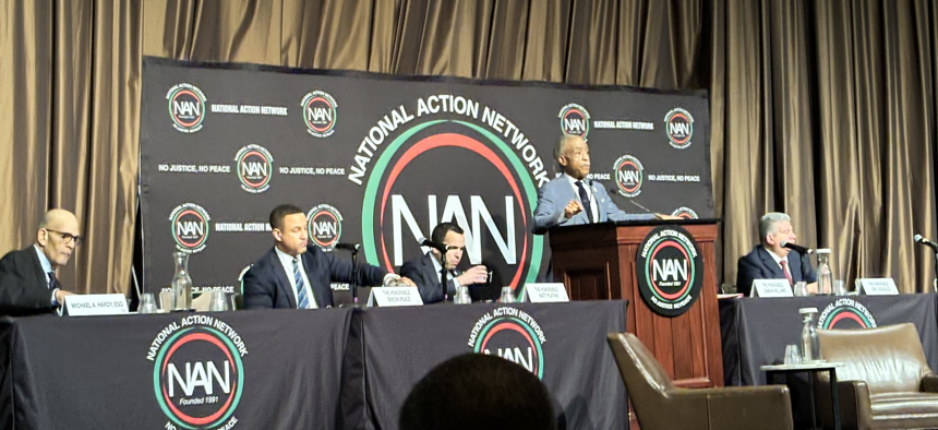 Brooklyn District Attorney Eric Gonzalez speaks to a crowd at the National Action Network’s annual conference on Thursday, April 12.
