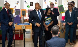 Mayor Eric Adams (center), schools Chancellor David Banks (left) and City Council Speaker Adrienne Adams (right) visited P.S. 34 on Friday to announce new funding for education programs.